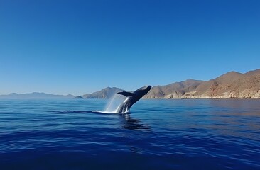 Fototapeta premium Majestic humpback whale breaching in deep blue ocean waters against mountainous coastline backdrop, creating dramatic splash during morning light.