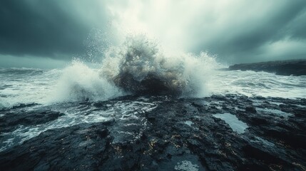 Obraz premium Powerful waves crashing on rocks in a stormy sea