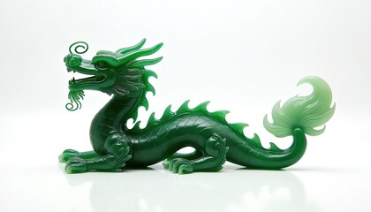 Obraz premium Intricately carved green jade dragon figurine power, prosperity, good fortune. Exquisite oriental sculpture details, craftsmanship. Ancient mystical creature for spiritual feng shui home decor,