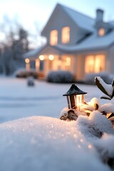 Naklejka premium Cozy winter evening with glowing garden lantern covered in fresh snow, warm light streaming from windows of residential house in background.