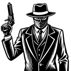 Masked Gangster in Fedora and Suit, Holding Gun – Noir Crime Theme Sketch Engraving on White Background 