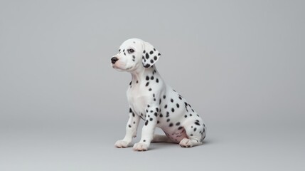 Adorable Dalmatian Puppy Sitting on Grey Background