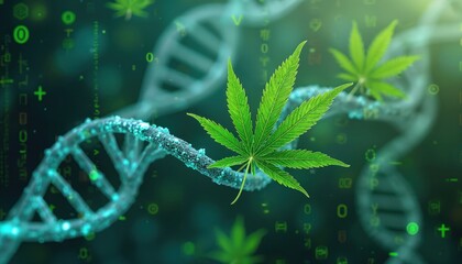 Abstract 3D cannabis leaf entwined with DNA strand, digital binary code, bioinformatics symbols. Convergence industry, medicine, biochemistry, structure, genetic, algorithm, tech, healthcare,