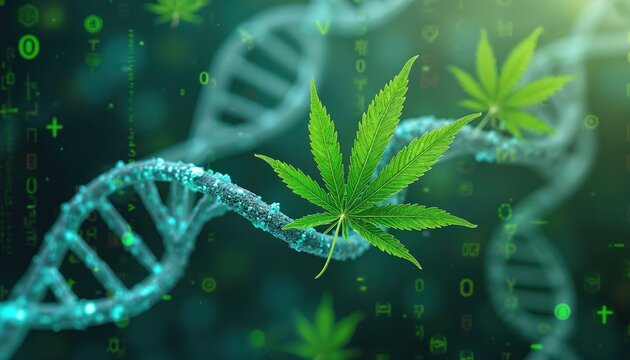Abstract 3D cannabis leaf entwined with DNA strand, digital binary code, bioinformatics symbols. Convergence industry, medicine, biochemistry, structure, genetic, algorithm, tech, healthcare,