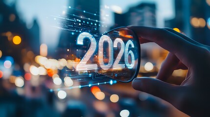 Futuristic augmented reality display showing year 2026 with finger touch interaction against blurred urban cityscape with bokeh lights and digital network effects.
