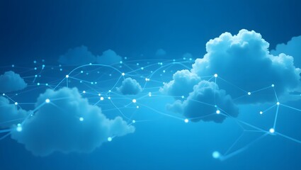 A futuristic cloud computing concept featuring interconnected digital nodes floating in a bright blue sky, symbolizing cloud networks, data storage, and artificial intelligence-driven cloud services.
