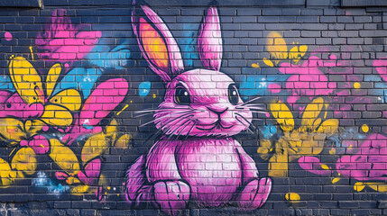 Fresque murale colorée représentant un lapin rose entouré de fleurs jaunes et roses sur un mur en briques, street art urbain vibrant