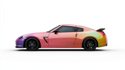 Side profile of a vibrant, colorful sports coupe on a white background.