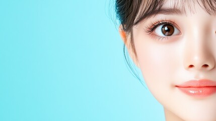 Fototapeta premium Close-up Portrait of a Young Woman's Face Against a Light Blue Background, Highlighting her Clear Skin and Expressive Eyes.