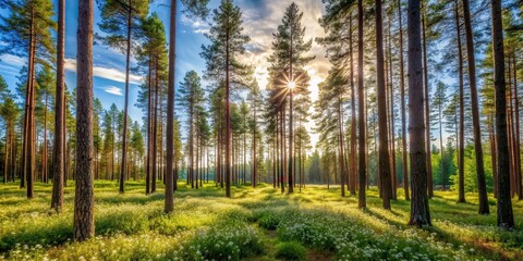 Obraz premium Sunny day in Finnish forest with tall trees and wildflowers, greenery