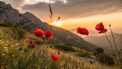 Red Poppies at Sunset Golden Hour in Mountain Landscape V1