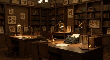 Vintage Study Room with Typewriter, Bookshelves and Warm Lighting