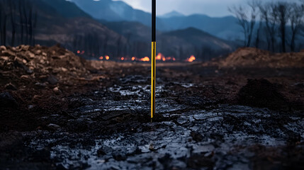 The earth with a gold pole and fire in the background