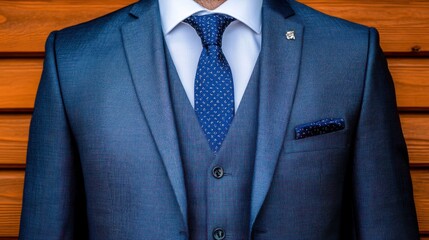 Sophisticated Navy Blue Suit with a patterned tie and pocket square, a classic men's fashion statement.
