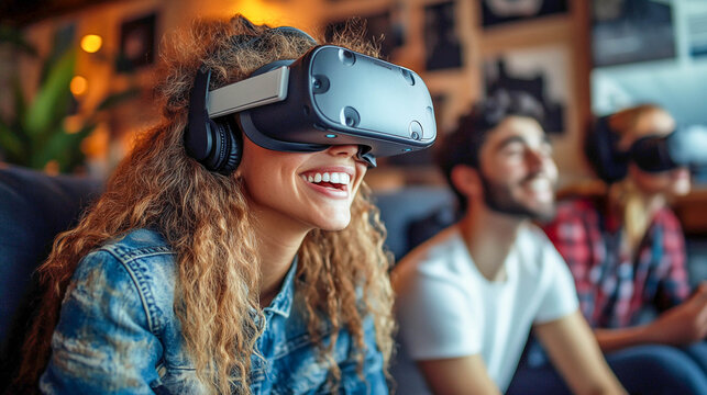 A group of people and friends using virtual reality headsets. Involvement and interest in virtual reality technologies.