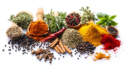Colorful spices and herbs for cooking background and design isolated