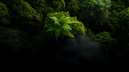 Fototapeta premium A lush green forest scene with isolated fern leaves and fog