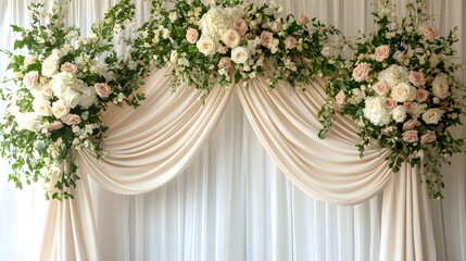 Beautiful floral arrangement decorating a draped fabric backdrop elegantly