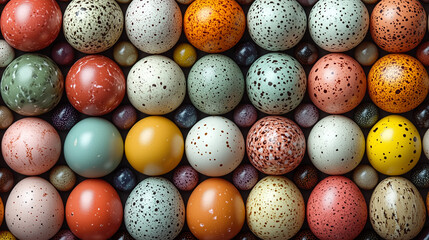 A collection of speckled Easter eggs in various colors, including green, orange, yellow, and beige, arranged closely. The eggs have a natural, textured appearance.
