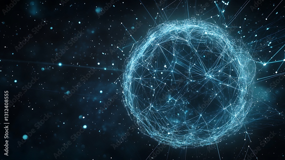 Poster a high-tech background with a floating, transparent sphere displaying interactive data points and gr