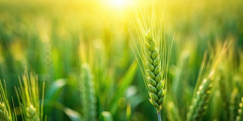 Fototapeta premium A close-up shot of a single stalk of wheat standing tall in a lush green field with sunlight filtering through its leaves and stems , agriculture, greenfield