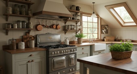 Fototapeta premium Vintage Style Kitchen with Stove, Shelves, and Wood Countertops