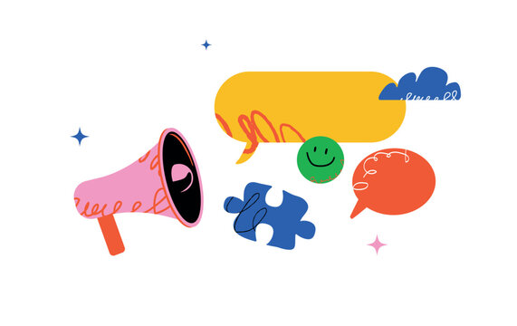 An expressive illustration with a pink megaphone, speech bubbles, a puzzle piece and a smiley face on a white background. The concept of an announcement, review, and positive communication.