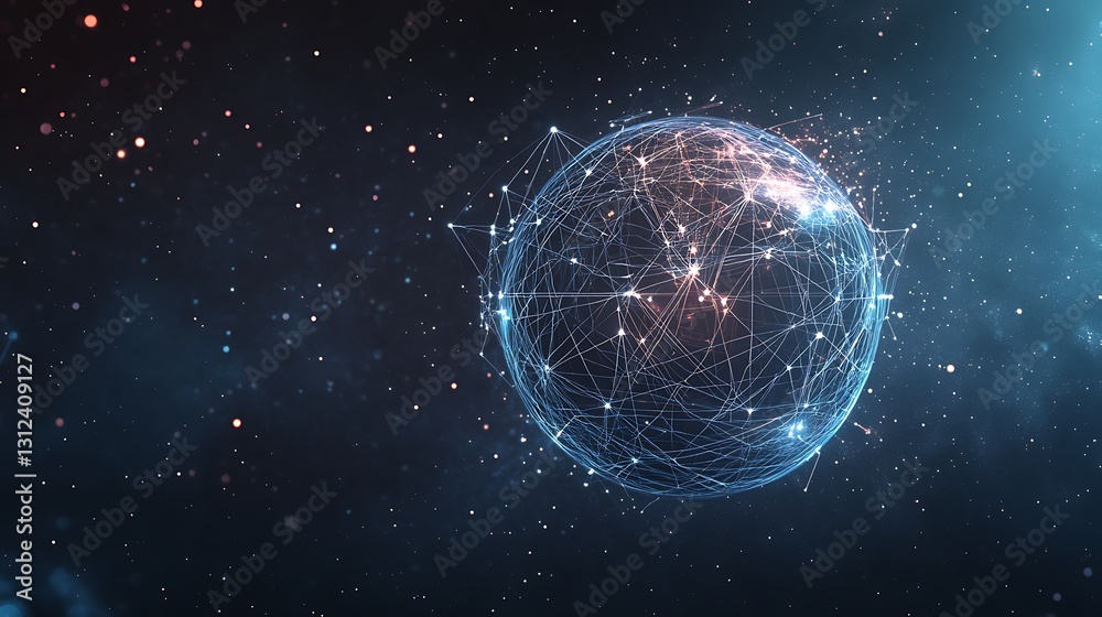 Poster a high-tech background with a floating, transparent sphere displaying interactive data points and gr