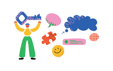 A vivid illustration with a stylized figure holding a large key, surrounded by speech bubbles, a puzzle piece and a smiley face. A symbol of achievement and finding a solution.