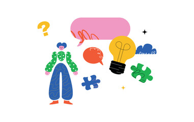 A whimsical illustration featuring a stylized human figure, speech bubbles, a light bulb and puzzle pieces, and a question mark. A metaphor for finding solutions and solving problems.