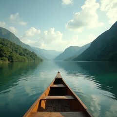 Obraz premium Wooden canoe floats on lake surrounded by mountains, green forest. Tranquil water, clear sky, soft sunlight reflecting ripples. Ecotourism, peaceful exploration, adventure by boat across calm lake.