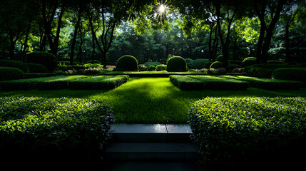 Fototapeta premium A beautifully manicured garden with lush greenery and trees