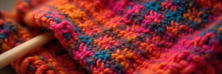 Unfinished wool sweater, chunky wooden needles, cozy, needlework