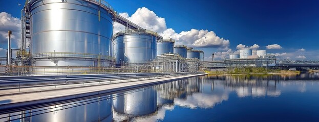  Industrial storage tanks at a large facility, emphasizing energy production, chemical processing, and modern manufacturing infrastructure.