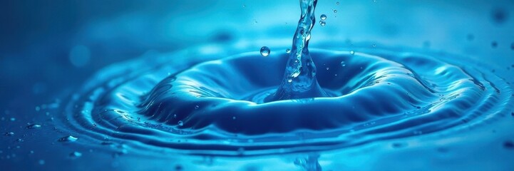 Vibrant blue water droplets, close-up, dynamic flow, vibrant, drops
