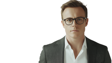 Tech startup CEO, stylish and confident, glasses and smart casual outfit, looking ahead with determination