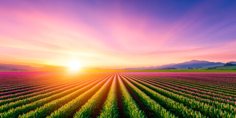 Endless Rows Of Tulips Blooming Under A Vibrant Sunrise In A Scenic Countryside. Concept Of Growth, Renewal, And Springtime Beauty. Ideal For Travel, Marketing, And Seasonal Promotions.