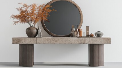 A decorative console table with a mirror and assorted ornaments