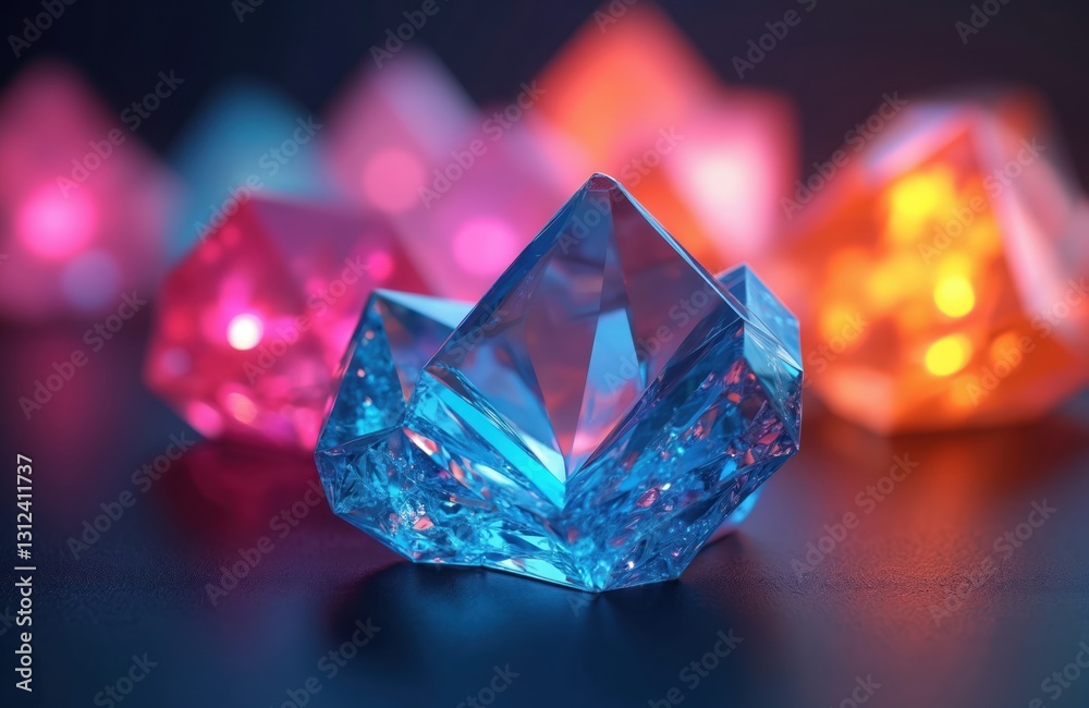 Aufkleber Abstract colorful crystal facets glowing on dark surface. Design element Geometric shiny prism texture with light sparkles. Gem gradient vibrant bright at night, modern luxury glossy shimmer.