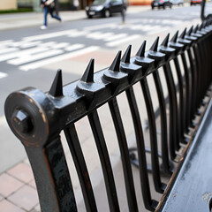 A close-up of a metal bench with spikes along the top, situated on a city sidewalk.