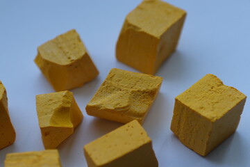 Paint for soy wax in the form of cubes, yellow 
paint, blue paint