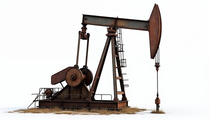 Rusty oil pump jack isolated on white background demonstrates crude petroleum extraction. Mining machine, well pump unit pumps fuel resource, gasoline from ground, energy industry.