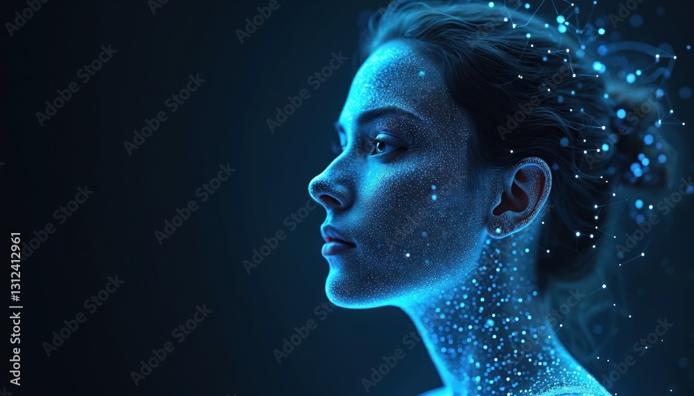 Poster digital profile of woman with network nodes on dark background. concept of social networks, digital 