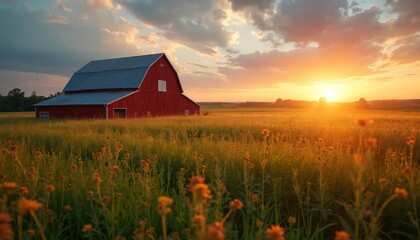 Idyllic sunset landscape featuring red barn in golden field. Tranquil rural farm scenery. Warm sunlight bathes rustic farmstead, evokes peaceful country life mood, agriculture, harvesting, natural