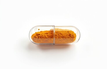 Isolated turmeric capsule on white background. Herbal supplement, natural remedy for flatulence. Orange spice inside transparent pill for health. Healthy nutrition, diet concept. Clipping path