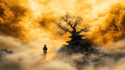 Solitary Figure in a Golden Haze: A Journey Towards an Ancient Pagoda