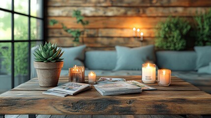 A rustic wooden table displays candles and plant life inside a room