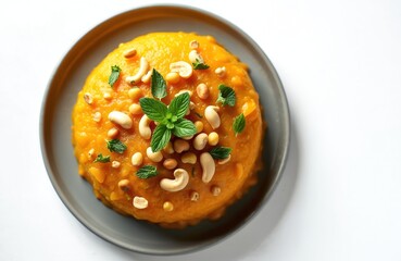Moong Dal ka Halwa dessert on plate against white background. Sweet tasty treat with nuts and mint. Indian cuisine dish. Homemade festive food for north, winter holidays.