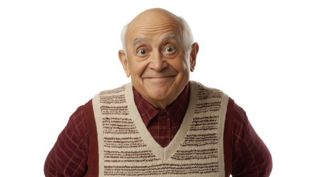 Cheerful grandfather in a sweater vest, warm and wise expression, ultra-high detail, white background png 