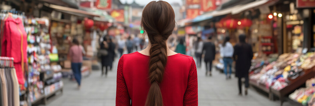 a woman in a red shirt walks through the bustling street of china,